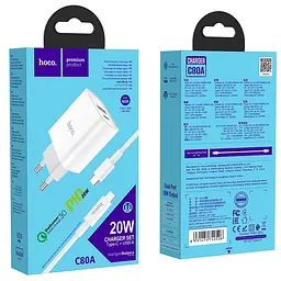 Блок-адаптер мережевий + кабель набір Hoco Rapido C80A 2 виходи USB + Type-C 20 W білий - мініатюра 3