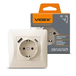 Розетка одинарна із заземленням з USB+USB-C кремова VIDEX BINERA VIDEX (27863-000)