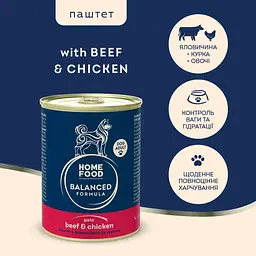 Повнораціонний консервований корм Home Food для дорослих собак Паштет з яловичиною та куркою 360 г - мініатюра 2