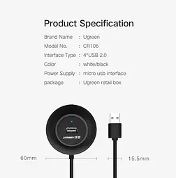 Usb-хаб (концентратор / розгалужувач) Ugreen CR106 Usb 2.0 Hub 4 порти 1m чорний (20277) - мініатюра 3