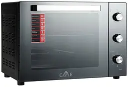 Електродуховка Castle CPE-60B, Black, 1900W, 60л, конвекція, подвійне термостійке скло, 4 нагрівальних елемента, підсвітка, таймер, термостат 70-250 °C, сховані регулятори, деко, решітка, ручка для деко, лоток для крихт