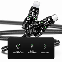 Кабель Aspor A197 Dragon Nylon LED USB – Type-C (2.4A/1м)- чорний - мініатюра 3