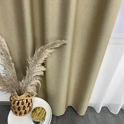 Льняні блекаут штори золотистого кольору 2шт. 150х270 з білим шифоновим тюлем 400х270, на тасьмі ALBO pbe0052633 - мініатюра 7