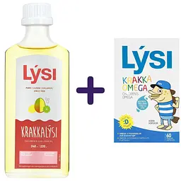 Набір: Омега-3 Lysi Kids з печінки тріски та тунця з вітамінами A, D, E + DHA-формула зі смаком лимона та манго 240 мл + Омега-3 для дітей Lysi з вітаміном D3 жувальні капсули з фруктовим смаком №60