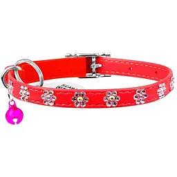 Нашийник для котів Waudog Glamour Квіточка шкіряний з еластичною вставкою та стразами 22-30х0.9 см червоний