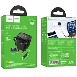 МЗП Hoco C153A Changer With Retractable Cable Type-C PD20W Black - мініатюра 2