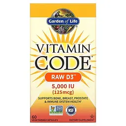 Витамин D Vitamin Code RAW D3 125 mcg (5,000 IU) 60 капсул Garden of Life vit0006406