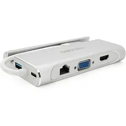 Хаб-конвертор Veggieg TC07-S Type-C (тато) на Type-C (мама) + USB3.0 * 3 (мама) + HDMI (мама) + RJ45, 10см, Silver, Box