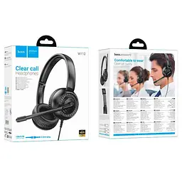Дротові навушники Hoco Pure headphones W112, Omnidirectional microphone, 3.5mm, 2.8m, black - мініатюра 6