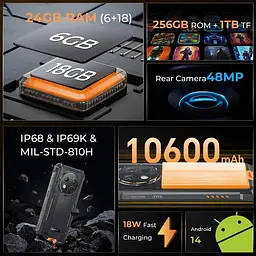 Смартфон Oukitel G1S 6.5"HD+ /4GB/128GB/ T606 /10600mAh /13+5Мп/ IP69K /NFC Orange - мініатюра 6