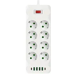 Мережевий фільтр-подовжувач Voltronic F34U, 8 розеток EU+4xUSB+2xPD, 2 м, 3х0,75 мм, 2500 Вт, White - мініатюра 1
