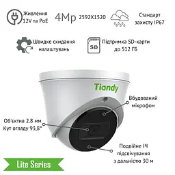 IP-камера TC-C34XS Spec:I3W/E/Y/2.8mm/V4.2, 4MP, Starlight Color Maker Turret, 2.8mm, f/1.6, Tiandy teh0016010 - мініатюра 5