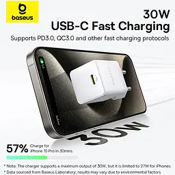 Мережевий зарядний пристрій Baseus Palm Fast Charger USB-C 30W + Cable USB-C to USB-C 60W 1m Moon White (P10111605213-01) [172514] - мініатюра 10
