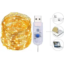Світлодіодні гірлянди-вогники зі срібним дротом, 20 м, 200 LED, USB, тепле біле світло