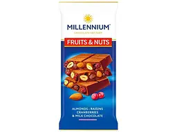 Шоколад молочний MILLENNIUM 90г Fruits&Nuts з мигдалем, журавлиною та родзинками 90г