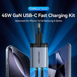 Зарядний пристрій Vention 45W GaN 2×USB-C PD 3.0/QC з кабелем USB-C M-M чорний (TZ-FCDH0-EU) - мініатюра 7