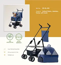 Коляска для кішок та собак Bestopet Люпосанчик BS-RL-20 Grey 3in1 зі знімною переноскою - мініатюра 2