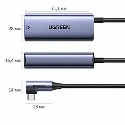 Мережевий адаптер із наскрізним заряджанням UGREEN CM255 з кабелем 1 м мережева карта Ethernet USB-C на RJ45 до 1000 Мбіт/с вхід живлення USB-C PD 3.0 до 100 Вт для заряджання пристроїв із підтримкою PD для 100 Вт потрібен зарядний пристрій 20 В 5 А з підключенням до входу USB-C кутовий штекер USB-C без встановлення драйверів сірий (65729) - мініатюра 6