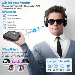 Портативний CD-плеєр CCHKFEI з Bluetooth, динаміками, акумулятором на 1800 мАг, захистом від ударів та зісковзування, навушниками - мініатюра 4