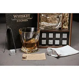 Подарунковий набір Whiskey Stones камені для віскі у дерев'яному пеналі 8 шт. + 2 склянки Bohemia Quadro + щипці + мішечок - мініатюра 3