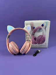 Навушники рожеві Bluetooth з вушками котика C64092, з підсвіткою, мікрофоном, картою пам'яті та AUX, 400 mAh