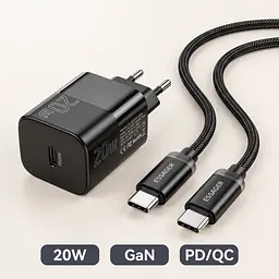 Комплект Essager: зарядний пристрій 20W (USB-C) + кабель USB-C-USB-C, EU, чорний - мініатюра 2