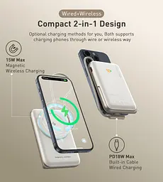 УМБ Choetech Magnetic Wireless 10000mAh 20W PD USB-C In/Out, Qi-15W,buid-in cabel White (B735-CCWH) - мініатюра 4