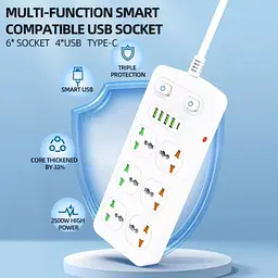 Сетевой фильтр удлинитель Power Socket AR-CP05, 6 розеток, 4 USB, Type-C, 1.8 м, белый - миниатюра 2