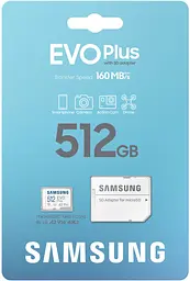 Карта пам`яті MicroSDXC 512GB UHS-I/U3 Class 10 Samsung Evo Plus R160MB/s + SD-адаптер (MB-MC512SA/EU) - мініатюра 2