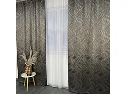 Жакардові штори "геометрія" кавового кольору 2шт. 150х270 з білим шифоновим тюлем 400х270, на тасьмі ALBO pbe0052577 - мініатюра 10