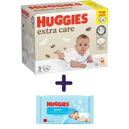 Набір підгузків Huggies Extra Care Box 3 (6-10 кг), 96 шт. + вологі серветки Huggies Pure без пластику 48 шт.