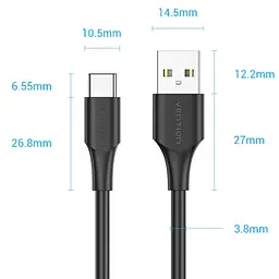 Кабель USB 2.0 AM-Type-CM, 3.0 м, 60W PVC чорний Vention - мініатюра 3