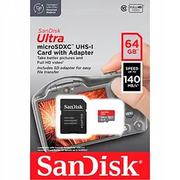 Карта пам'яті 64Gb microSDXC (UHS-1) SanDisk Ultra class 10 A1 (140Mb/s) (adapter SD) (SDSQUAB-064G-GN6IA) - мініатюра 3