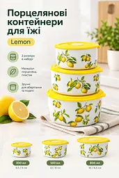 Контейнери для їжі порцелянові Lemon діаметром 9.5/13/15 см Набір харчових контейнерів для зберігання їжі із кришками 3 шт об'ємом 300/550/800 мл із принтом лимонів Білий - мініатюра 2
