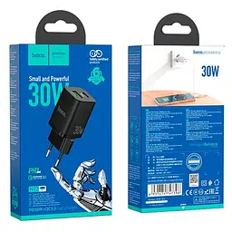 Мережевий зарядний пристрій 1 USB + Type-C Hoco N13 PD30W +QC3.0 Black - мініатюра 7