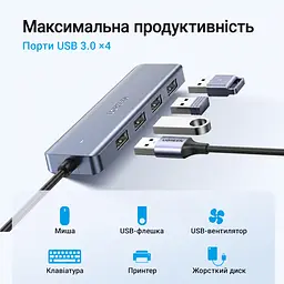 USB-хаб UGREEN CM219 концентратор з підключенням USB-C на 4 порти USB-A 3.0 передавання даних до 5 Гбіт/с з портом USB-C лише для додаткового живлення периферії для енергоємної периферії потрібен зарядний пристрій із підключенням до порту живлення USB-C Plug & Play для Windows macOS Linux для Android-пристроїв із USB-C та підтримкою OTG із захистом від перенапруги надструму та короткого замикання зі світлодіодним індикатором із вбудованим кабелем 0,15 м космічний сірий (70336) - мініатюра 2