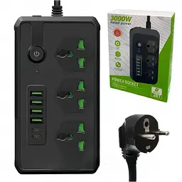 Мережевий подовжувач фільтр на 3 розетки та 4 USB, переносна розетка-подовжувач чорний - мініатюра 2