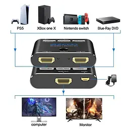 HDMI-перемикач 8K60 Гц 2 входи 1 вихід, 4K120 Гц 2X1 з кнопковим перемикачем, підтримує 48 Гбіт/с, CEC, ARC - мініатюра 6