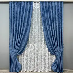 Комплект штор з тюлем VR-Textil Жакард Мармур, синій з білим, 2 штори 100×270 см + тюль 300×270 см, арт. 71-182/1
