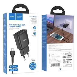 Адаптер мережевий HOCO C88A Star round dual port charger Micro USB Cable set чорний - мініатюра 2