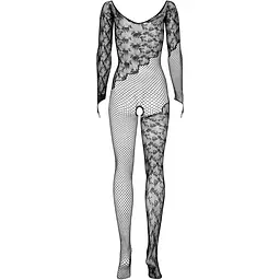 Бодістокінг Obsessive Bodystocking F210 S/M/L Black, рукава-мітенки, сітка, кольорове мереживо - мініатюра 5