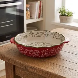 Форма для запікання кругла порцелянова Vintage 900 мл з ручками для духовки випікання запіканок страв м'яса овочів 24х20х5 см Червоний - мініатюра 4