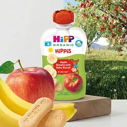 Органічне фруктове пюре HiPP HiPPiS Pouch Яблуко-банан з дитячим печивом 100 г - мініатюра 2