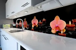 Кухонний фартух Орхідеї та Свічки для кухні наклейка ПВХ помаранчеві квіти Чорний 60х250 см Happy Pocket Z180559