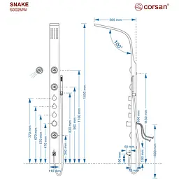 Душова панель Corsan Snake inox з виливом S002MSLW, Нержавіюча сталь - мініатюра 4