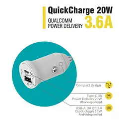 Автомобільний ЗП Piko 20 W USB + Type-C (CC-302QP) біле - мініатюра 2