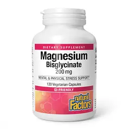 Магний Natural Factors 200 мг (Bisglycinate) – 120 веганских капсул, для мышц и нервной системы
