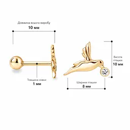 Сережка для хеліксу з жовтого золота Пташка (з40109) - мініатюра 3