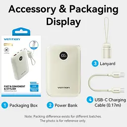 Універсальна мобільна батарея Vention 10000mAh 22,5W Fast Charging, USB-A, 2xUSB-C Beige - мініатюра 3