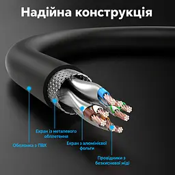 Кабель Ethernet Cat8 Vention 1 м патч-корд зі штекерами RJ45 на обох кінцях смуга пропускання 2000 МГц і швидкість передавання до 40 Гбіт/с фактична швидкість з’єднання залежить від можливостей портів обох пристроїв у комплекті 2 прозорі пилозахисні ковпачки RJ45 екранування фольгою та металевим обплетенням чорний (IKKBF) - мініатюра 4